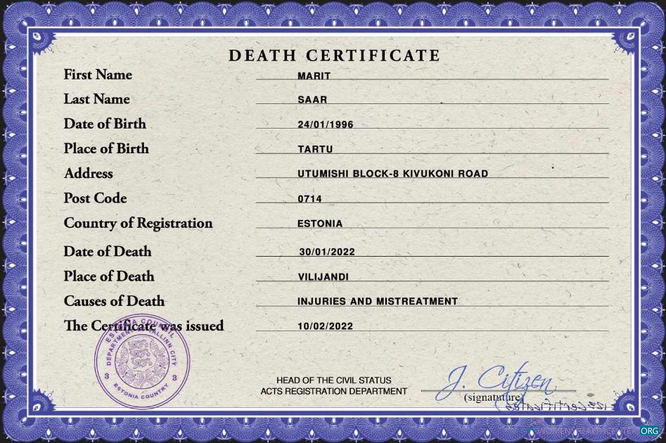 Download Estonia death certificate PSD template Photoshop template